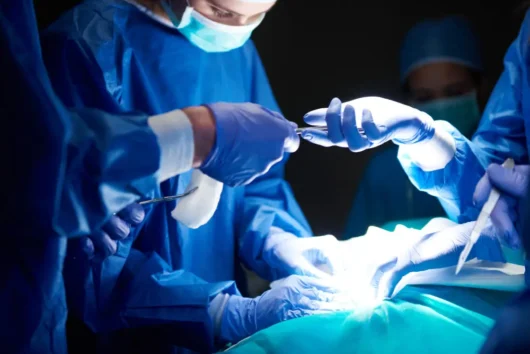 Surgical team performing a minimally invasive digestive procedure