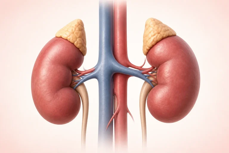 Medical illustration showing the adrenal glands located above both kidneys