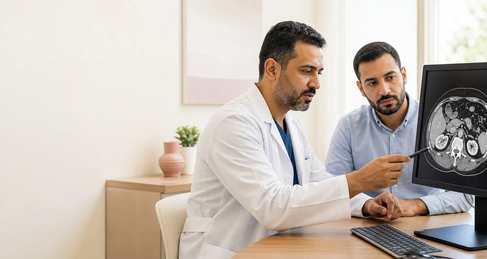 Surgeon reviewing abdominal imaging with a patient during an adrenal consultation