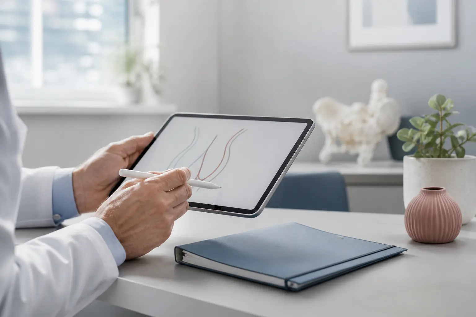 Clinician reviewing a discreet medical diagram during an anal fissure consultation
