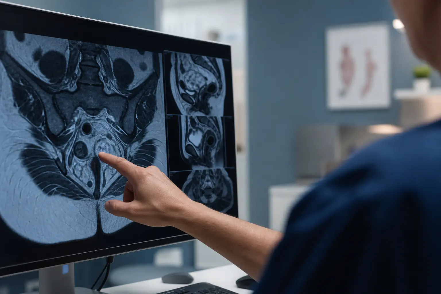 Clinician reviewing pelvic MRI imaging for anal fistula treatment planning