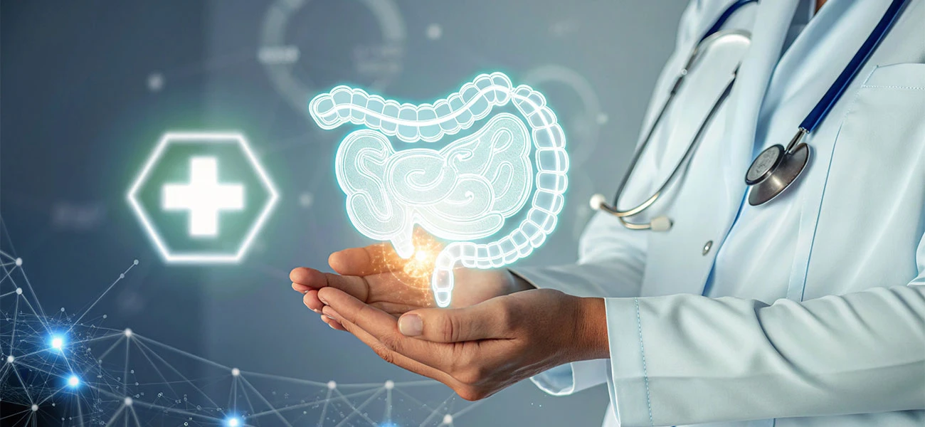 Doctor presenting a medical illustration of the colon and intestines