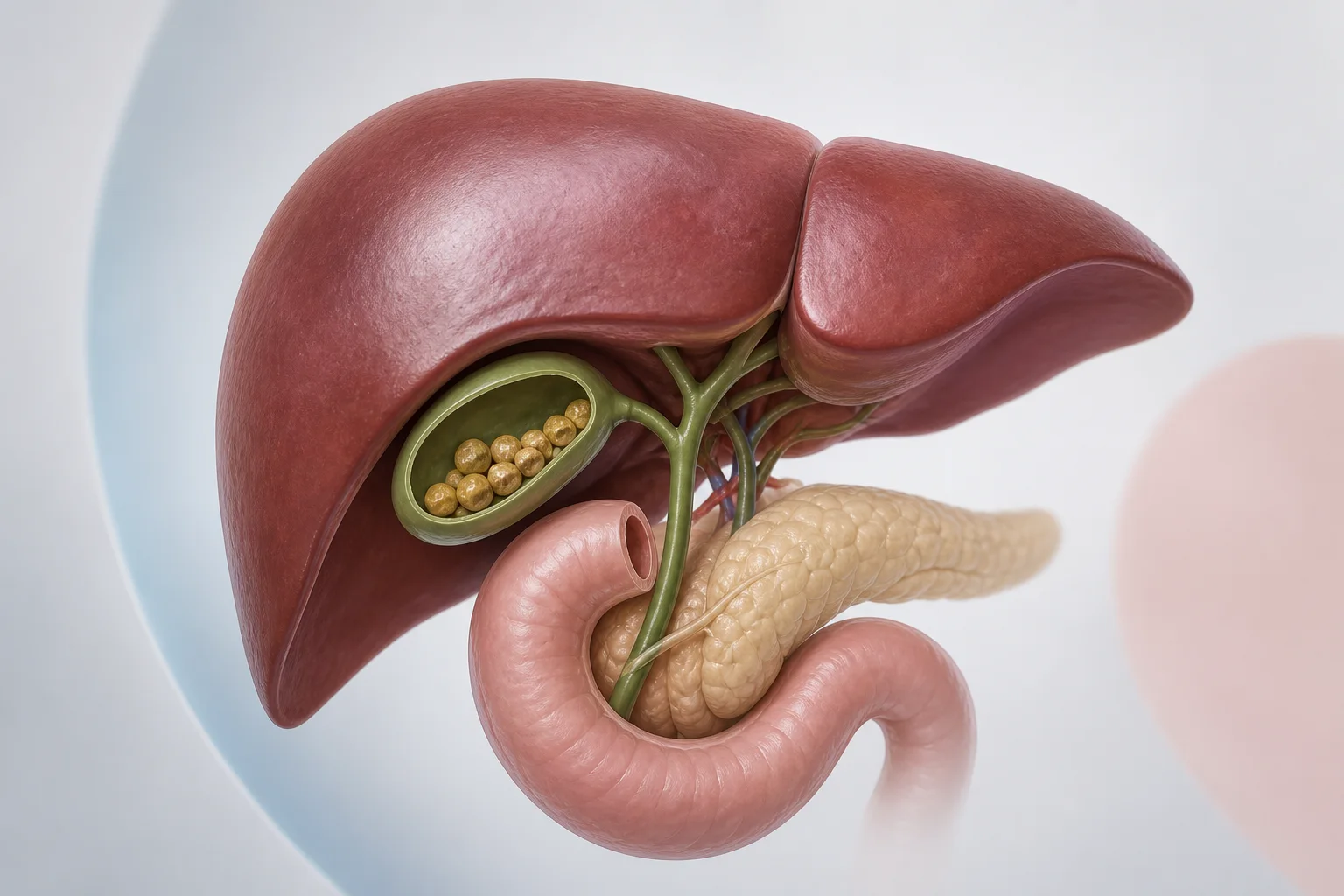 3D medical illustration of the gallbladder containing gallstones beneath the liver