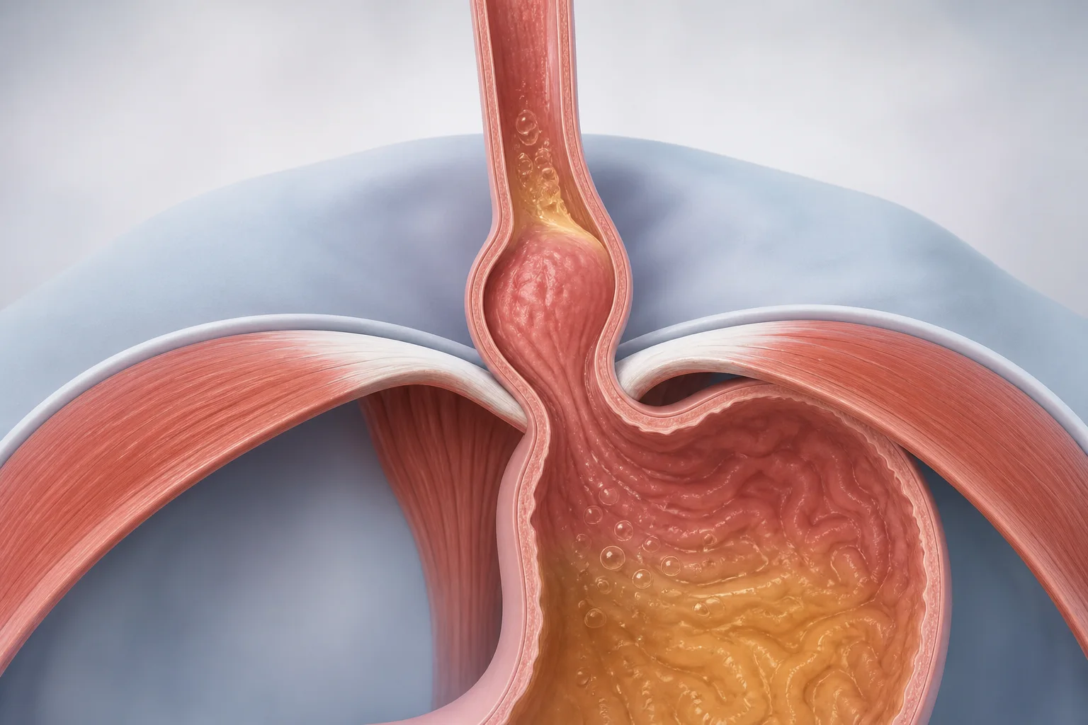 3D medical illustration of a hiatal hernia and acid reflux at the diaphragm