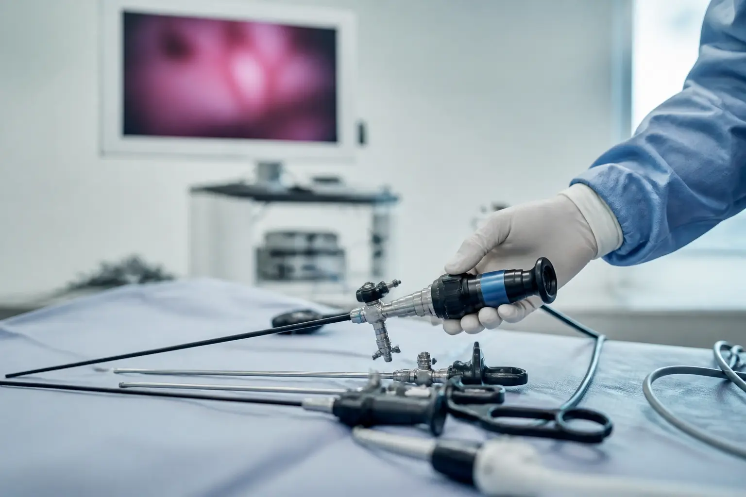 Laparoscopic camera and instruments prepared for keyhole surgery