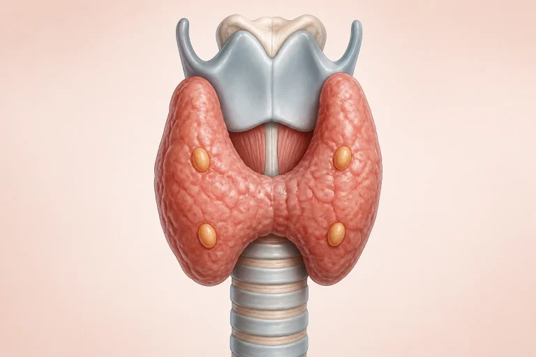 Medical illustration showing four parathyroid glands on the thyroid gland