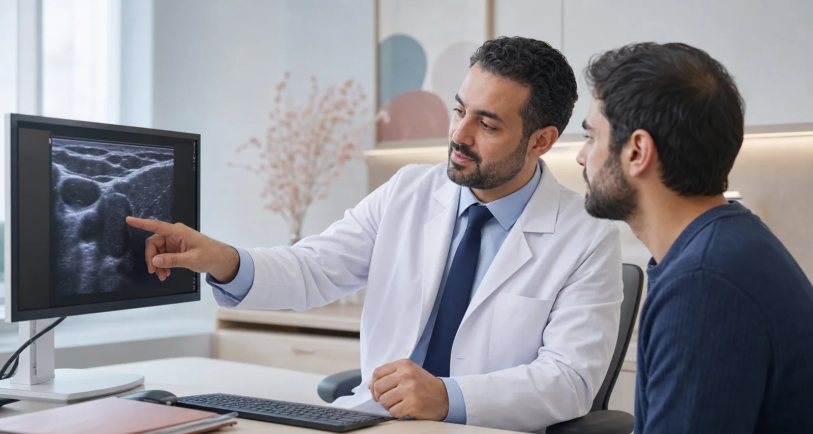 Surgeon explaining neck ultrasound imaging during a parathyroid consultation