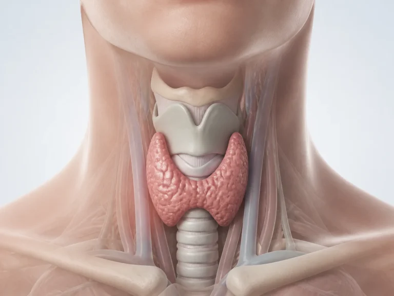 Medical illustration showing the thyroid gland at the front of the neck