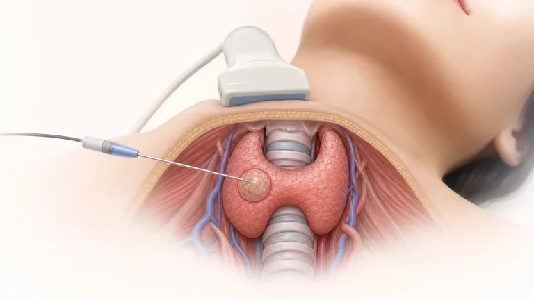 Medical illustration of ultrasound-guided radiofrequency ablation treating a thyroid nodule
