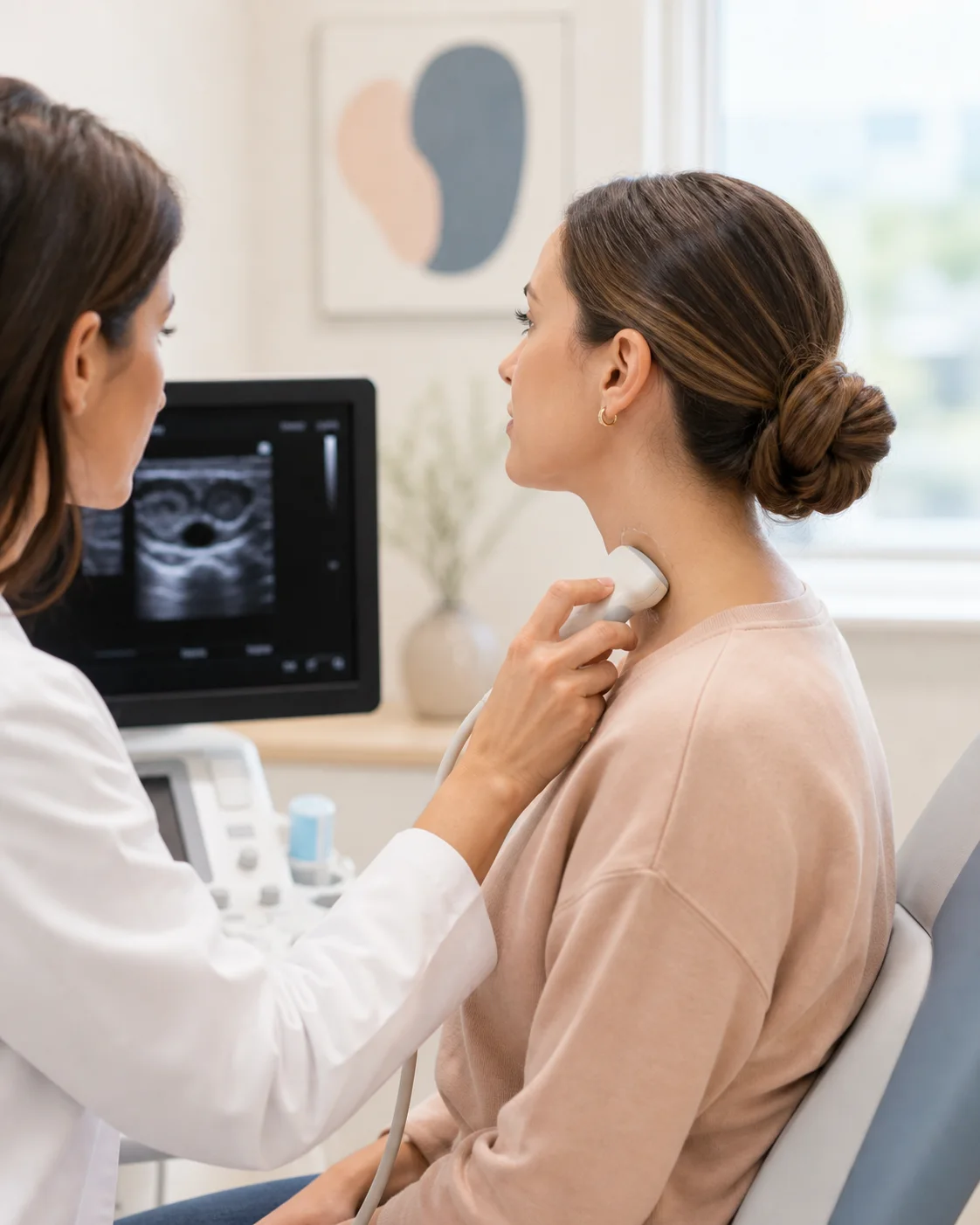 Clinician performing a thyroid ultrasound examination