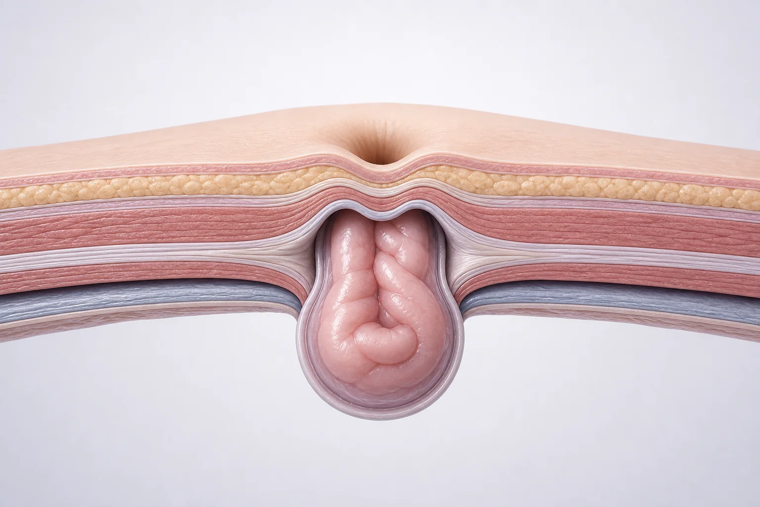 Surgeon explaining umbilical hernia anatomy to a patient during a consultation