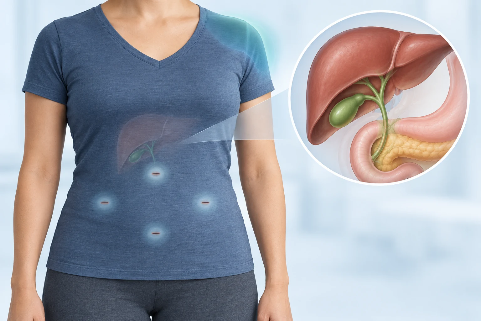 Illustration showing small laparoscopic incision sites with an inset view of the liver, gallbladder and bile ducts.