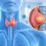 Medical illustration of the thyroid gland with a large nodule pressing against the trachea and esophagus, with a close-up inset of the benign thyroid nodule.